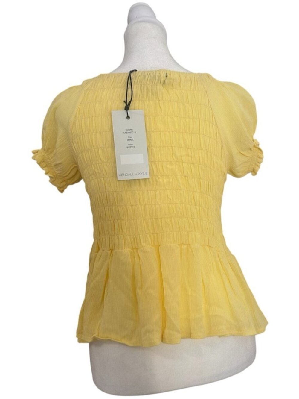 Yellow Ruched Puff Sleeve Peplum Top - Picture 2 of 3